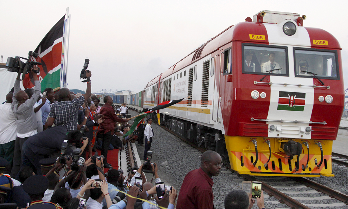 An SGR (Standard Gauge Railway) freight train departs from the port container depot in Mombasa, Kenya, on May 30, 2017. The SGR project in Kenya, constructed by a Chinese company, is an early achievement of the Belt and Road Initiative. Photo: VCG